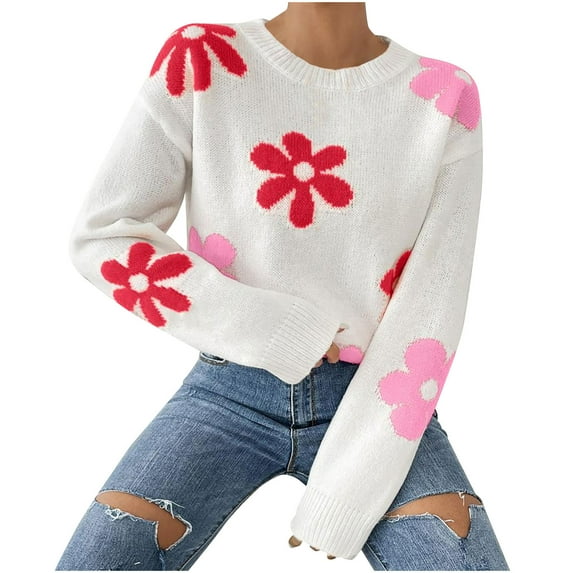 Hueook Plus Size Sweaters for Women Yellow Sweater Women Women's Color Blocked Floral Knit Sweater Loose Long Sleeved Round Neck Pullover Sweater White M