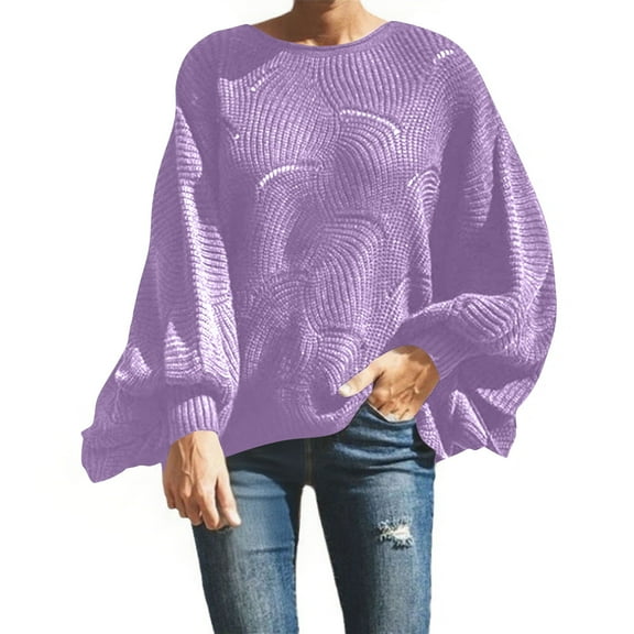 Hueook Plus Size Sweaters for Women Yellow Sweater Women Women's Fashion Pullover Long Sleeved Round Neck Knitted Sweater Purple 3X