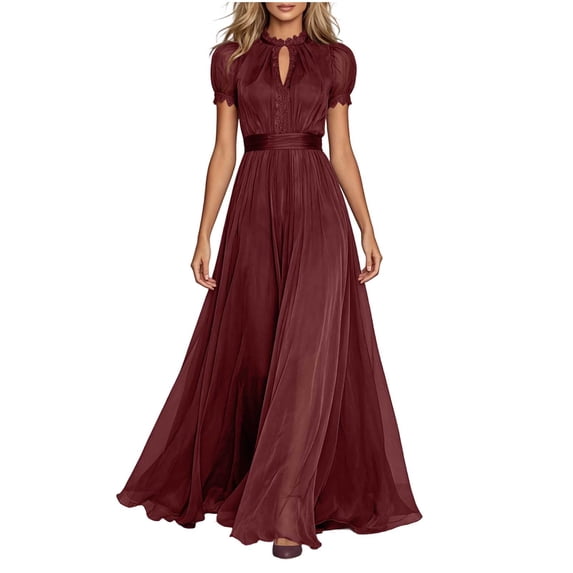 Hueook Prom Dresses for Women V Neck Short Sleeve Fit and Flare Long Evening Gown with Pockets Wine XL