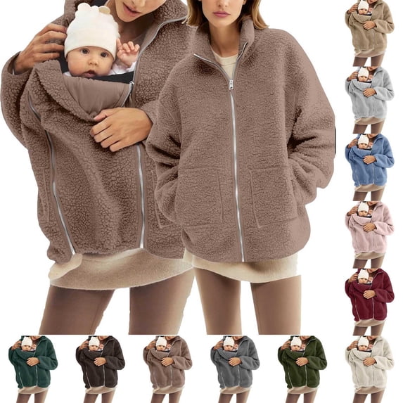Hueook Puffer Jacket Women Child Matching Hooded Coat Women's Solid Casual Thicken Wool Stand Collar Inner Lining Pocket Breasted Pea Mao Coat Brown L