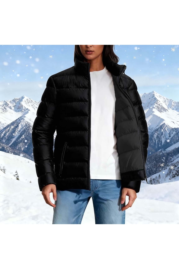 Puffer Jacket Women Quilted Lightweight Padded Down Coat Double Pocket Zipper Stand Up Collar Long Sleeved Casual Parkas Black M