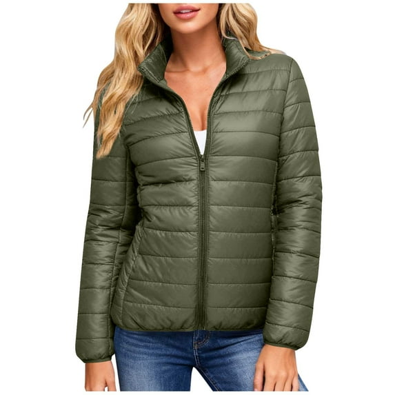 Hueook Puffer Jacket Womens Winter Jackets for Women Solid Color Double Pocket Zipper Stand Up Collar Long Sleeved Casual Fashion Parkas Army Green S