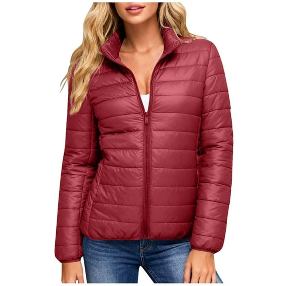 Hueook Puffer Jacket Womens Winter Jackets for Women Solid Color Double Pocket Zipper Stand Up Collar Long Sleeved Casual Fashion Parkas Wine S