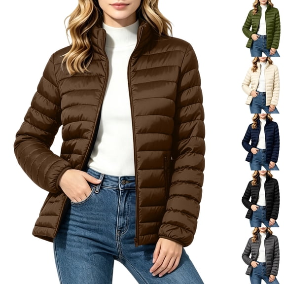Hueook Puffer Jacket for Women Winter Short Quilted Coat Zip Up Padded Outerwear Lightweight Warm Casual Jacket Brown L