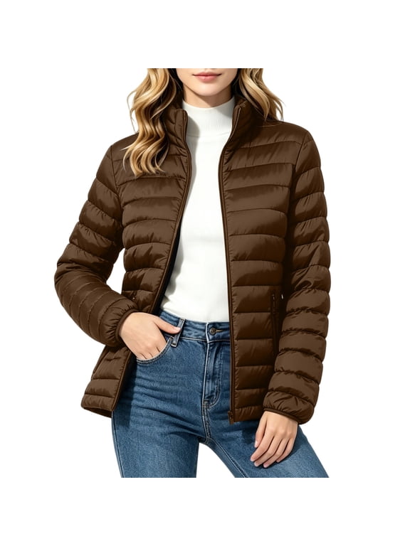 Puffer Jacket for Women Winter Short Quilted Coat Zip Up Padded Outerwear Lightweight Warm Casual Jacket Brown S