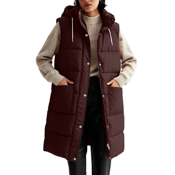 Hueook Puffer Vest for Women Hooded Sleeveless Zip Up Long Length Casual Winter Vest Coat with Pockets Brown XL