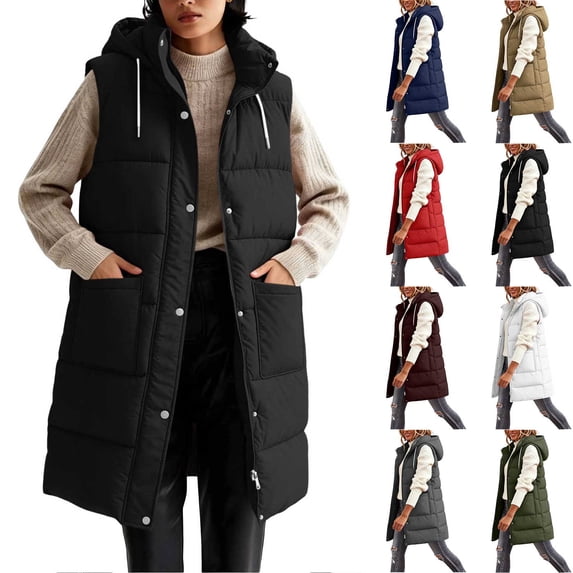 Hueook Puffer Vest for Women Hooded Sleeveless Zip Up Long Length Casual Winter Vest Coat with Pockets Khaki S