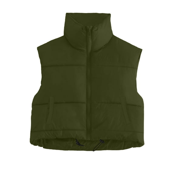 Hueook Puffer Vests for Women's Winter Crop Sleeveless Warm Outerwear Padded Gilet Tops Coat Army Green S