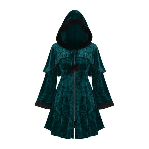 Hueook Quilted Jackets for Women Cos Medieval Hooded Coat Long Hooded Cardigan Pleated Shawl European and Role Playing Army Green M