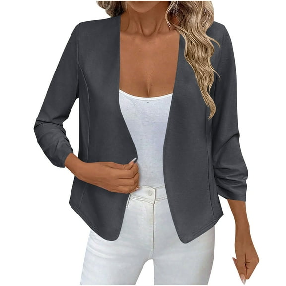 Hueook Quilted Jackets for Women Solid Color Casual Fashion Three-quarter Sleeve Cardigan Jacket Long Sleeve Lapel Top/shirt Dark Gray S
