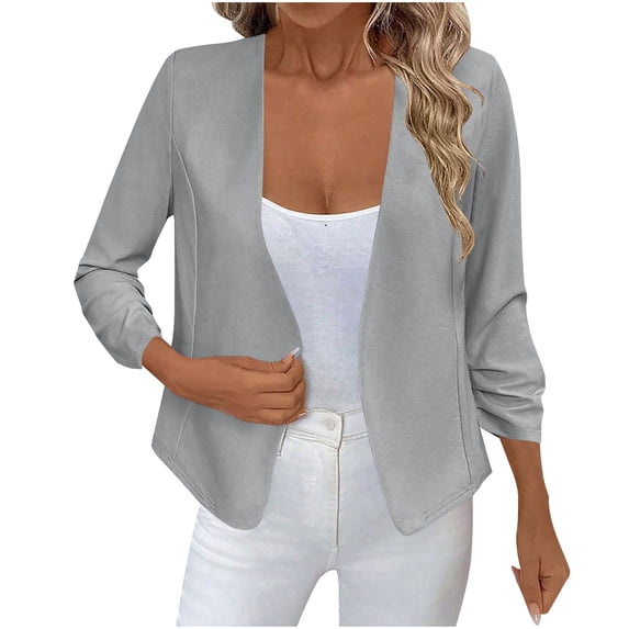 Hueook Quilted Jackets for Women Solid Color Casual Fashion Three-quarter Sleeve Cardigan Jacket Long Sleeve Lapel Top/shirt Gray S
