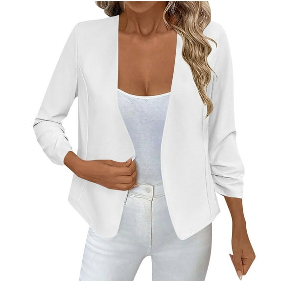 Hueook Quilted Jackets for Women Solid Color Casual Fashion Three-quarter Sleeve Cardigan Jacket Long Sleeve Lapel Top/shirt White S