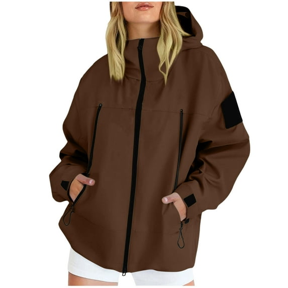 Hueook Quilted Jackets for Women Solid Color Rain Jacket Outdoor Hooded Windproof Loose with Pocket Coat Brown M