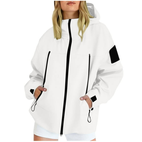 Hueook Quilted Jackets for Women Solid Color Rain Jacket Outdoor Hooded Windproof Loose with Pocket Coat White S