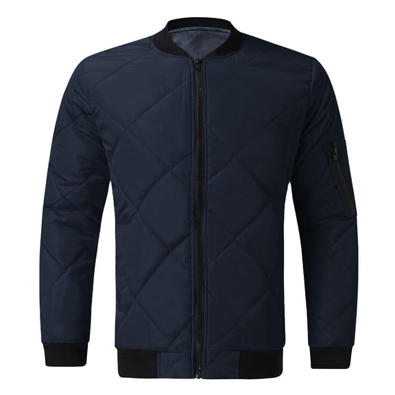 Hueook Quilted Jackets for Women Solid Color Zippered Stand Up Collar Double Pocket Long Sleeve Casual Fashionable Parkas Navy 3X
