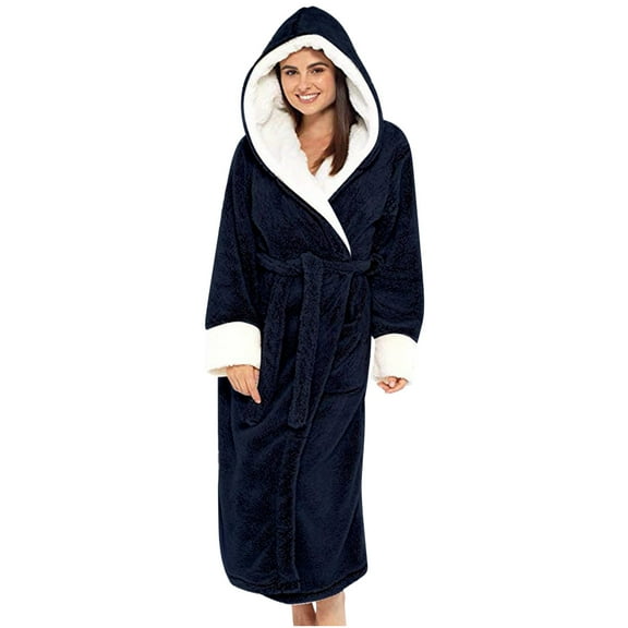 Hueook Robes for Women Plus Size Sleepwear Winter Warm Solid Bandage Robe Bathrobe Gown Pajamas with Pocket Waistband+Belts Christmas Clearance