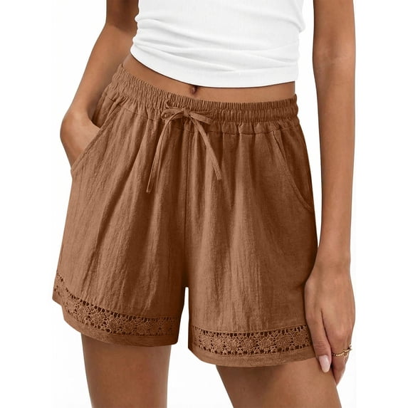 Hueook Ruffle Shorts Summer Shorts Women's Hollowed Out Lace Elastic Waist Drawstring Shorts and Trousers Coffee S