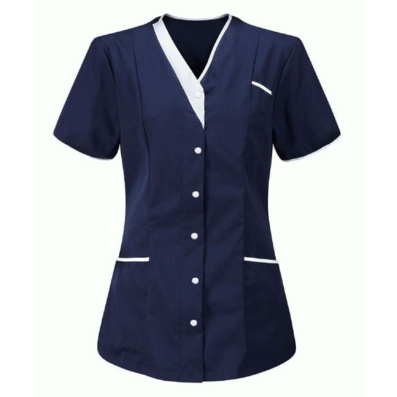 Hueook Scrubs Tops Women Loose Fit Nurses Shirts Casual Short Medical Tops Clinic Comfort Daily Stretch Women's Nurses Tunic Uniform Clinic Carer-Neck Protective Clothing Navy M