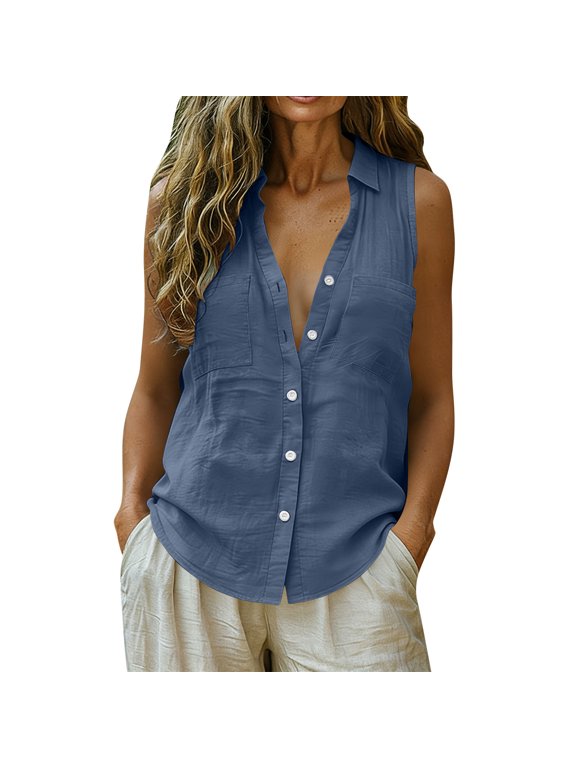 Senior Tank Tops for Women Button Tops Lounge Beach Wear Women's Casual Loose-fitting Fashionable Sleeveless V-neck Pullover Top Blue 2X