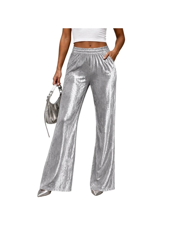 Sequin Flare Pants for Women Shiny Bell Bottoms High Waisted Stretchy Party Disco Trousers Glitter Silver S