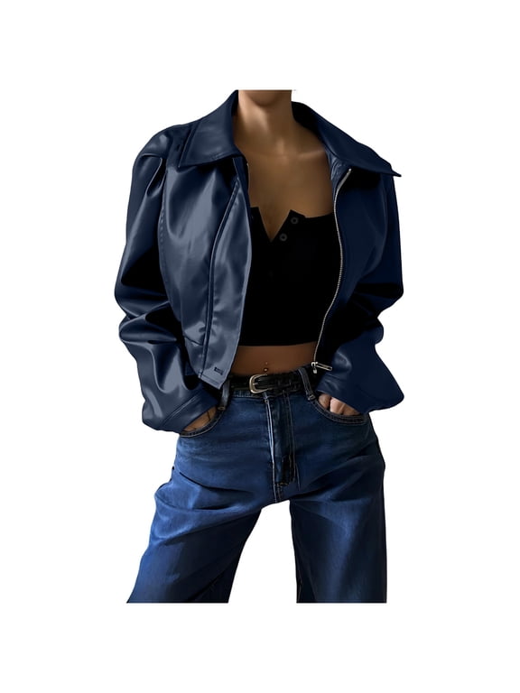 Sequin Jacket Lightweight Cropped Jakcets Bomber Jacket Ladies' solid color temperament lapel zipper casual leather jacket jacket Blue L