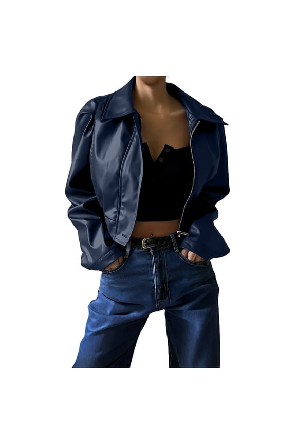 Sequin Jacket Lightweight Cropped Jakcets Bomber Jacket Ladies' solid color temperament lapel zipper casual leather jacket jacket Blue M