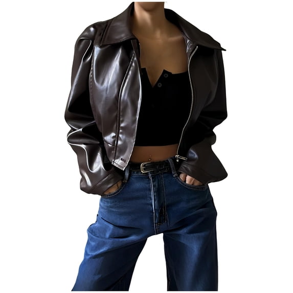 Hueook Sequin Jacket Lightweight Cropped Jakcets Bomber Jacket Ladies' solid color temperament lapel zipper casual leather jacket jacket Brown S