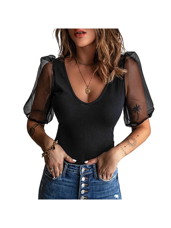 Sexy Lace Tops Smocked Elegant Tshirt Slim Fit Women's Solid Color Mesh Patchwork Top U-neck Pullover Solid Color Short Sleeve Top Black 2X