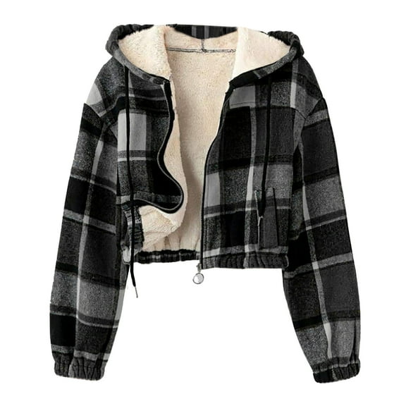 Hueook Sherpa Jacket Women Fleece Lined Flannel Thick Plaid Print Long Sleeve Hooded Zipper Thermal Lined Short Jacket with Pocket Black L