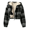thumbnail image 1 of Hueook Sherpa Jacket Women Fleece Lined Flannel Thick Plaid Print Long Sleeve Hooded Zipper Thermal Lined Short Jacket with Pocket Black M, 1 of 7