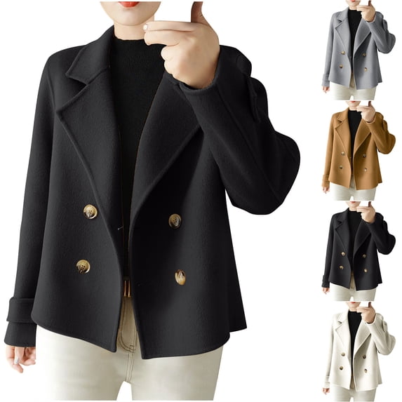 Hueook Sherpa Jacket Women Peacoat Womens Coat Women's Winter Short Loose Jacket with Suit Collar Tweed Coat Long Sleeve Hoodless Casual Coat/jacket Gray M