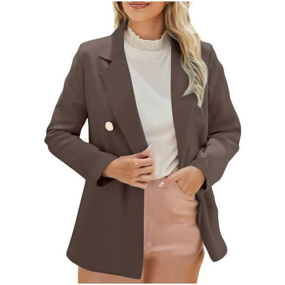 Hueook Sherpa Jacket Women Solid Color Button Pocket Long Sleeved Turndown Collar Suit Jacket Brown 4X