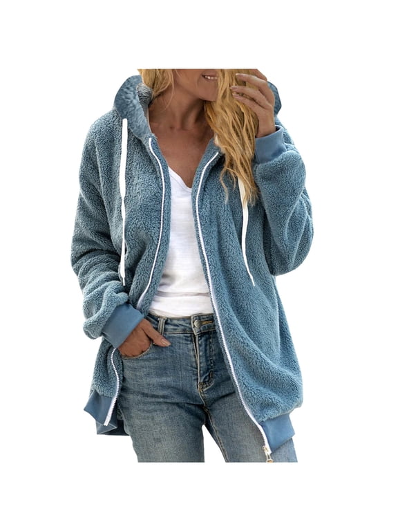 Sherpa Lined Double Fall Winter Jacket Fashion Women's Zipper V-Neck Pullover Tops Long Sleeve Hooded Blouse Sweatshirt Blue 3X