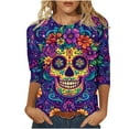 thumbnail image 1 of Hueook Shirts for Women Thermal Shirts for Women Ladies' Day Of The Dead Printed Round Neck Three Quarter Sleeve 3/4 Sleeve T-shirt Loose Top Long Sleeved Round Neck Top/shirt Multicolor L, 1 of 5