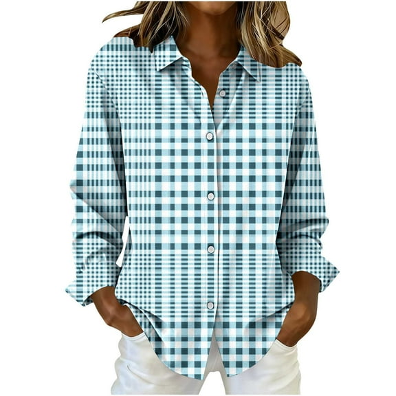 Hueook Shirts for Women Blouse Business Casual Work Shirts for Women Loose Long Sleeve Shirts Blue 2X