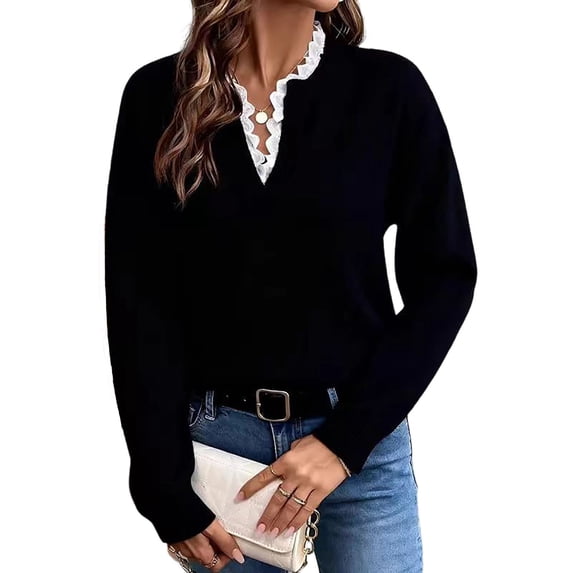 Hueook Shirts for Women Fashionable Lace-trimmed V-neck Sweater In Solid Color Loose Long Sleeved Knitted Sweater Black XL