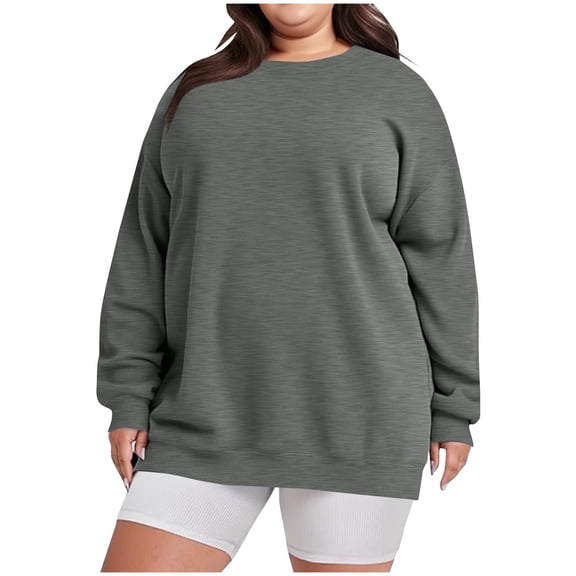 Hueook Shirts for Women Plus Size Fashion Women's Casual Long Sleeve Round Neck Ladies Loose Sweatshirt Tops Blouse Dark Gray L