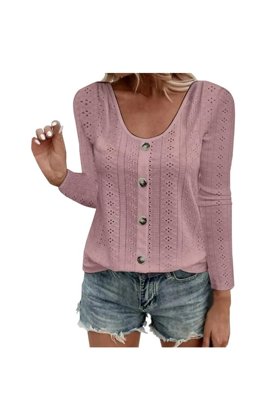 Hueook Shirts for Women Plus Size Long Sleeve Solid Color Fashion Casual Blouse Round Neck Pullover T-Shirt Tops