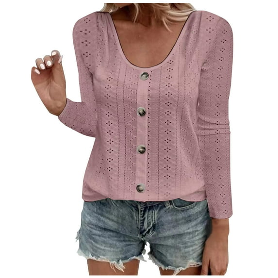 Hueook Shirts for Women Plus Size Long Sleeve Solid Color Fashion Casual Blouse Round Neck Pullover T-Shirt Tops