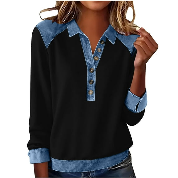 Hueook Shirts for Women Striped Women's Solid Color Casual Long Sleeved Lapel Button Denim Patchwork Cuffs Hem Pullover Top Black 2X