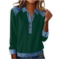 thumbnail image 1 of Hueook Shirts for Women Striped Women's Solid Color Casual Long Sleeved Lapel Button Denim Patchwork Cuffs Hem Pullover Top Green XL, 1 of 8