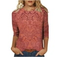 thumbnail image 1 of Hueook Shirts for Women Thermal Shirts for Women Ladies' Fashion Printed Round Neck Three Quarter Sleeve 3/4 Sleeve T-shirt Loose Red S, 1 of 5