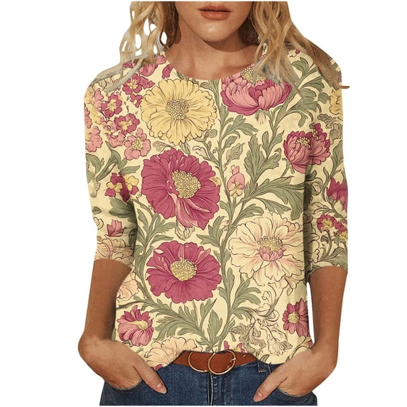 Hueook Shirts for Women Thermal Shirts for Women Women Fashion Casual Printed Round Neck Three Quarter Sleeve T-shirt Loose Multicolor M
