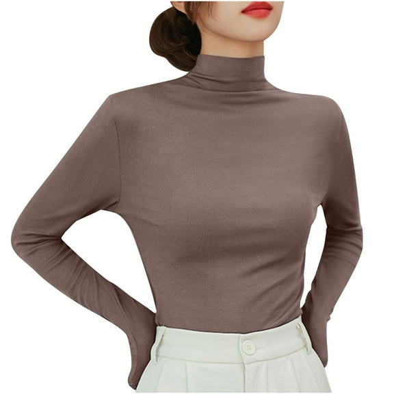 Hueook Shirts for Women Thermal Shirts for Women Women's Solid Color Long Sleeve Pullover Half High Neck Casual Base Shirt Khaki L