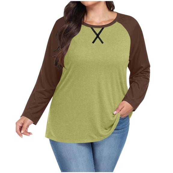 Hueook Shirts for Women Trendy Women's Casual Chest Print Solid Color Round Neck Pullover Loose Long Sleeved Raglan Top Plus Size Green 3X