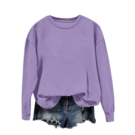 Hueook Shirts for Women Trendy Women's Round Neck Solid Color Loose Fitting Long Sleeve Hoodless Sweatshirts Purple 2X