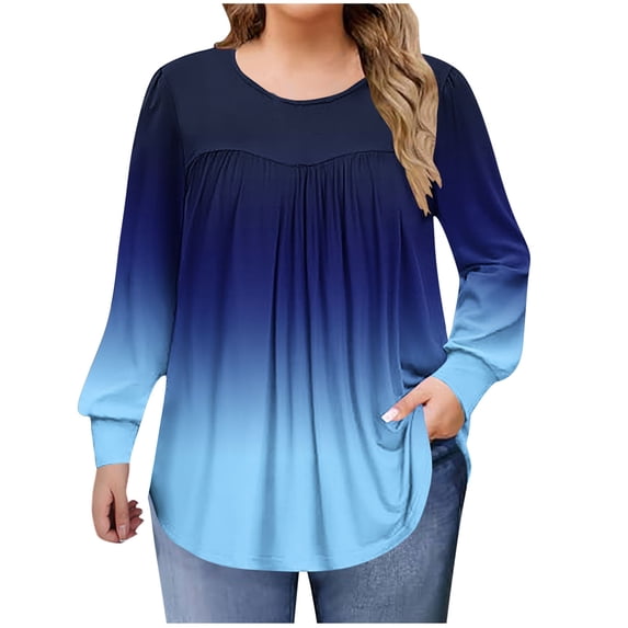 Hueook Shirts for Women Western Women's Plus Size Gradient T-shirt Home Casual Long Sleeved Round Neck Top Blue 5X