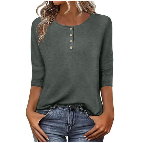 Hueook Shirts for Women's Solid Color Casual Button Round Neck Three Quarter Sleeve 3/4 Sleeve T-shirt Loose Dark Gray S