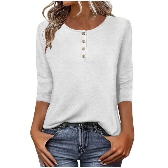 Hueook Shirts for Women's Solid Color Casual Button Round Neck Three Quarter Sleeve 3/4 Sleeve T-shirt Loose White 2X