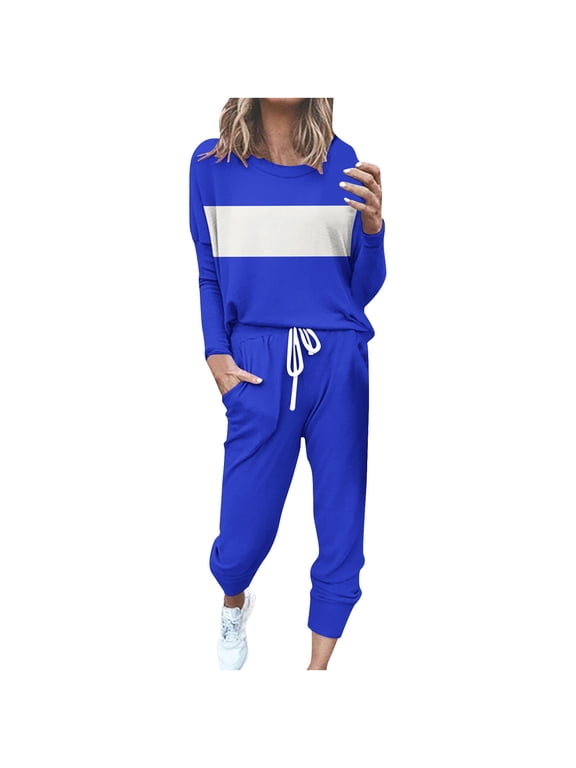 Silk Pajamas for Women 2 Piece Sets for Women Round Neck Long Sleeve Top Pants Color Blocking Home Sports Casual Yoga Suit Blue 4X